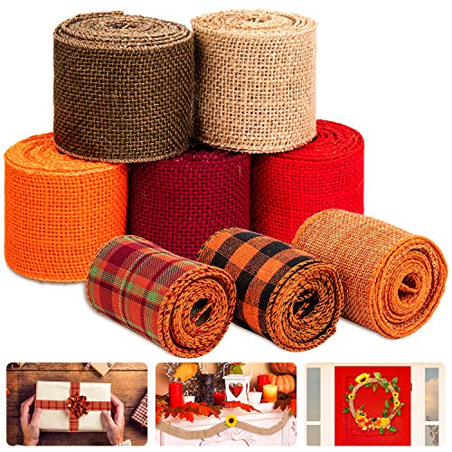 Whaline 8 Fall Burlap Ribbon Roll Assorted Thanksgiving Wired Wrapping Ribbon Rustic Plaid Red Orange Brown Nature Craft Ribbon for Gift Wrapping Wedding Autumn Harvest Wreath Decor, 26 Yard