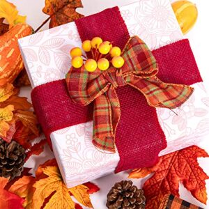 Whaline 8 Fall Burlap Ribbon Roll Assorted Thanksgiving Wired Wrapping Ribbon Rustic Plaid Red Orange Brown Nature Craft Ribbon for Gift Wrapping Wedding Autumn Harvest Wreath Decor, 26 Yard