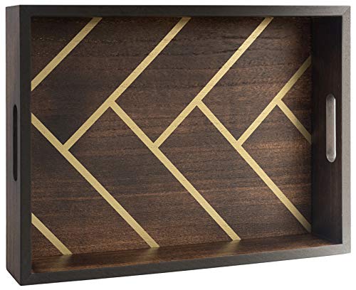 Decorative Coffee Table Tray - Wood with Gold Herringbone Design - 16.5 X 12 - for Ottoman, Serving Tray, Home Decor