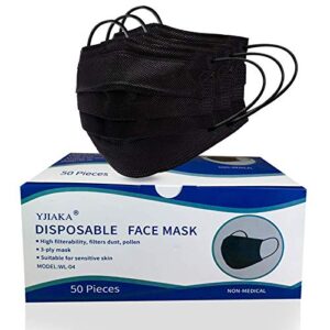 yjiaka disposable black face masks 3 ply for protection breathable mouth cover with adjustable nose clip and elastic earloops for outdoor/office/traveling - 50 pcs (black)