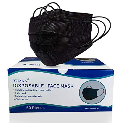 Yjiaka Disposable Black Face Masks 3 Ply for Protection Breathable Mouth Cover with Adjustable Nose Clip and Elastic Earloops for Outdoor/Office/Traveling - 50 Pcs (Black)