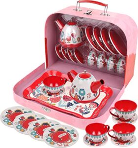 tea set for little girls, pretend play tea party set, floral design kids tin tea set with carrying case (15 pcs)