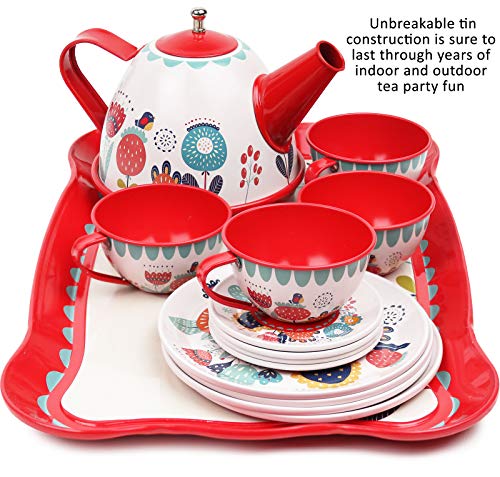 Tea Set for Little Girls, Pretend Play Tea Party Set, Floral Design Kids Tin Tea Set with Carrying Case (15 Pcs)