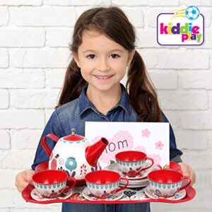 Tea Set for Little Girls, Pretend Play Tea Party Set, Floral Design Kids Tin Tea Set with Carrying Case (15 Pcs)