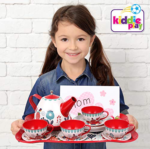 Tea Set for Little Girls, Pretend Play Tea Party Set, Floral Design Kids Tin Tea Set with Carrying Case (15 Pcs)