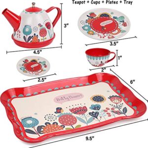 Tea Set for Little Girls, Pretend Play Tea Party Set, Floral Design Kids Tin Tea Set with Carrying Case (15 Pcs)