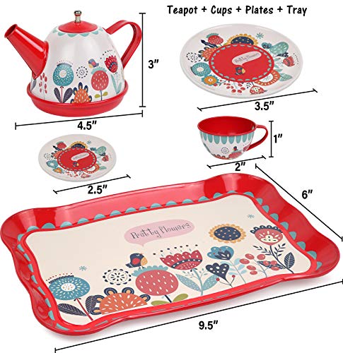 Tea Set for Little Girls, Pretend Play Tea Party Set, Floral Design Kids Tin Tea Set with Carrying Case (15 Pcs)