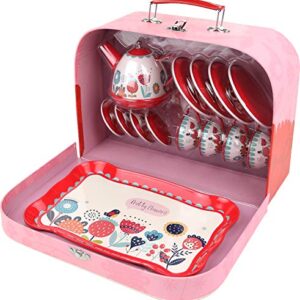 Tea Set for Little Girls, Pretend Play Tea Party Set, Floral Design Kids Tin Tea Set with Carrying Case (15 Pcs)