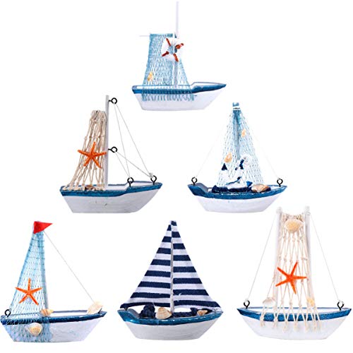 GARNECK Didiseaon 6Pcs Wooden Miniature Sailing Boat Mediterranean Style Miniature Mini Sailboat Model Fishing Boat Ornament for Home Nautical Decor (Colorful Random Delivery Style)