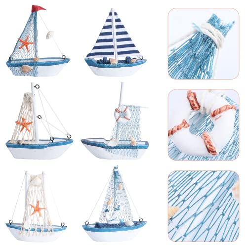 GARNECK Didiseaon 6Pcs Wooden Miniature Sailing Boat Mediterranean Style Miniature Mini Sailboat Model Fishing Boat Ornament for Home Nautical Decor (Colorful Random Delivery Style)