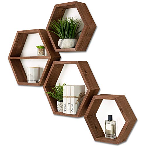 Extra Large Hexagon Floating Shelves Set of 4 - Honeycomb Shelves - Octagon Shelves Rustic Brown - Wall Shelves Honeycomb Decor - Wooden Honey Comb Hexagon Shelf for Wall - Geometric Hexagonal Shelves