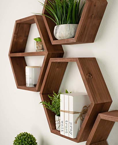 Extra Large Hexagon Floating Shelves Set of 4 - Honeycomb Shelves - Octagon Shelves Rustic Brown - Wall Shelves Honeycomb Decor - Wooden Honey Comb Hexagon Shelf for Wall - Geometric Hexagonal Shelves