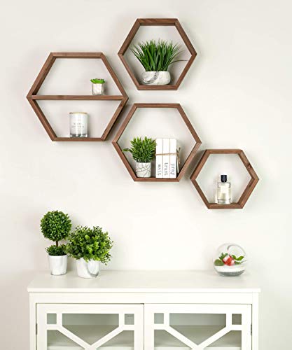 Extra Large Hexagon Floating Shelves Set of 4 - Honeycomb Shelves - Octagon Shelves Rustic Brown - Wall Shelves Honeycomb Decor - Wooden Honey Comb Hexagon Shelf for Wall - Geometric Hexagonal Shelves