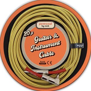 powered by rock guitar cable - 20 ft instrument cable for electric guitars and bass guitars - 1/4 inch cable with right angle jack on one end to secure your amp cord - braided design