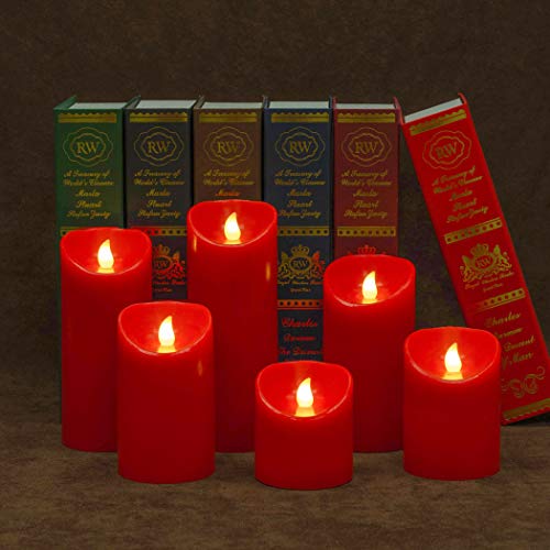 Urchoice Red Flameless Candles Battery Operated Pillar Real Wax Realistic Flickering Electric LED Candle(D 3" x H 3" 4" 5" 6" 7" 8") Set of 6, with 10-Key Remote and Cycling 24 Hours Timer
