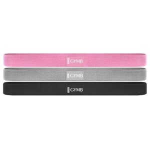 gymb long resistance band set - non slip cloth exercise bands to workout glutes, thighs & legs - booty band training for gym & home fitness, yoga, pilates - 3 levels (pink, gray, black)