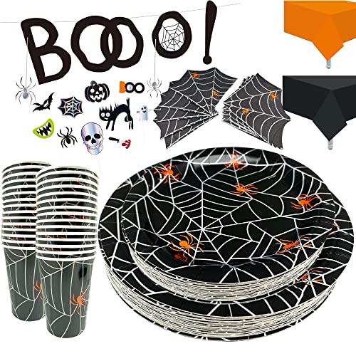 Serves 30 | Complete Party Pack | Halloween Iridescent Spider Web | 9" Dinner Paper Plates | 7" Dessert Paper Plates | 9 oz Cups | 3 Ply Napkins | 2 Table Cover | Halloween Banner | Halloween Party Decorations Halloween Party Theme