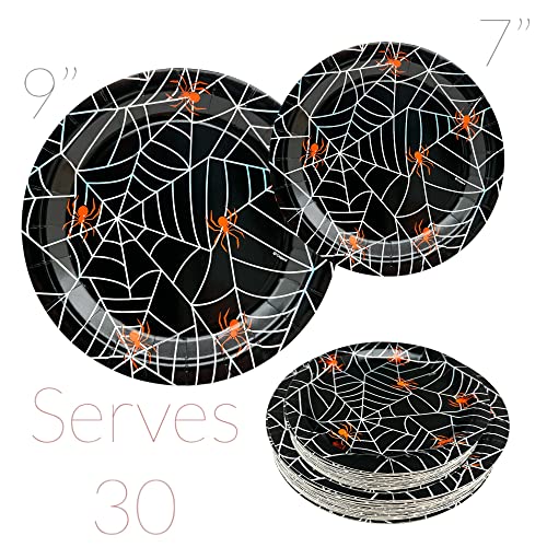 Serves 30 | Complete Party Pack | Halloween Iridescent Spider Web | 9" Dinner Paper Plates | 7" Dessert Paper Plates | 9 oz Cups | 3 Ply Napkins | 2 Table Cover | Halloween Banner | Halloween Party Decorations Halloween Party Theme