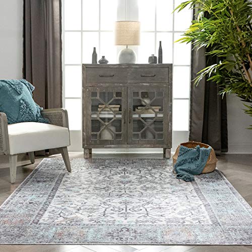 Well Woven Macon Ivory Machine Washable Vintage Style Updated Classic Distsressed Persian Area Rug (5'3" x 7'3")