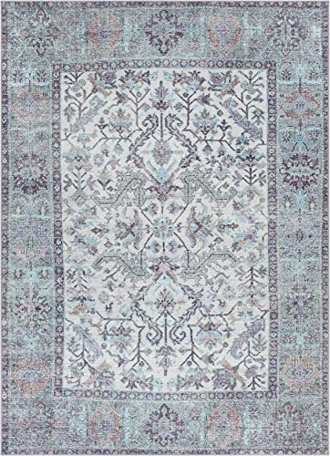 Well Woven Macon Ivory Machine Washable Vintage Style Updated Classic Distsressed Persian Area Rug (5'3" x 7'3")