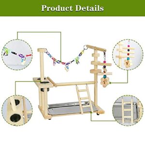 Olpchee Bird Playground Parrot Playstand Bird Play Stand Wood Perch Gym Playpen Ladder with Feeder Cups Toys for Cockatiel Parakeet - Include Tray