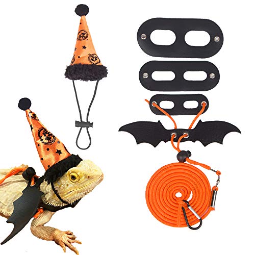 ADOGGYGO Halloween Bearded Dragon Lizard Leash Harness Hat Set - Bearded Dragon Clothe Halloween Pumpkin Hat + 3 Pack Reptile Harness Leash for Bearded Dragon Lizard Reptile