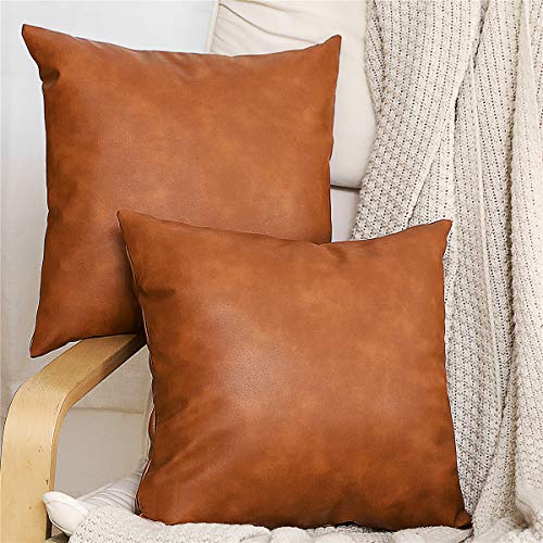 SEEKSEE Brown Faux Leather Accent Throw Pillow Cover 18x18 inch, 2-Pack Modern Country Farmhouse Style Pillowcase for Bedroom Living Room Sofa