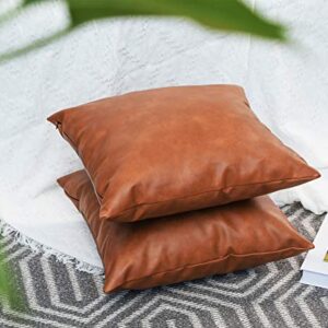SEEKSEE Brown Faux Leather Accent Throw Pillow Cover 18x18 inch, 2-Pack Modern Country Farmhouse Style Pillowcase for Bedroom Living Room Sofa