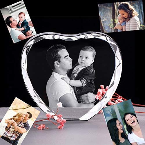 Custom Picture Crystal Heart Shape Couple Photo Frame,Etched Engraved with Picture with Led Light, Personalized Anniversary Wedding Birthday Christmas Gifts for Girlfriend Couples Him Her Wife Women