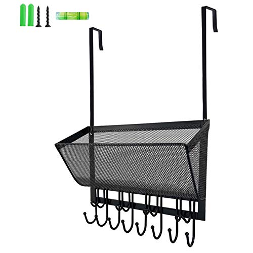 Giftgarden Over The Door Hooks Coat Rack with Wire Mesh Basket, 12 Hooks Door Hanger & Wall Mount Storage Organizer for Bathroom Bedroom Kitchen Cabinet Office Hanging, Black