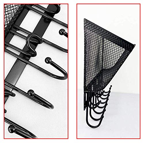 Giftgarden Over The Door Hooks Coat Rack with Wire Mesh Basket, 12 Hooks Door Hanger & Wall Mount Storage Organizer for Bathroom Bedroom Kitchen Cabinet Office Hanging, Black