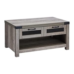 rockpoint coffee table with industrial style drawer, grey wash