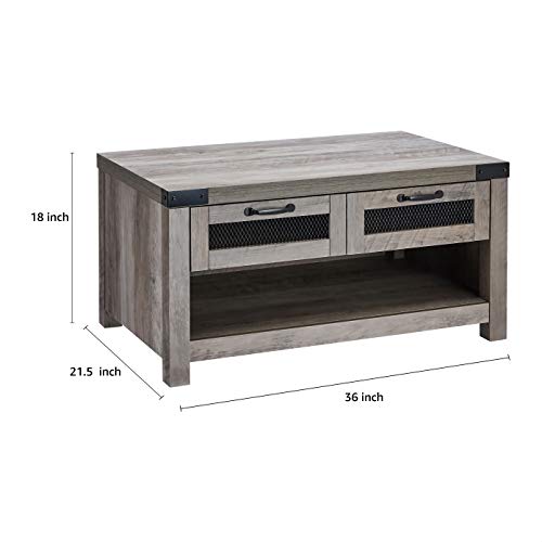ROCKPOINT Coffee Table with Industrial Style Drawer, Grey Wash