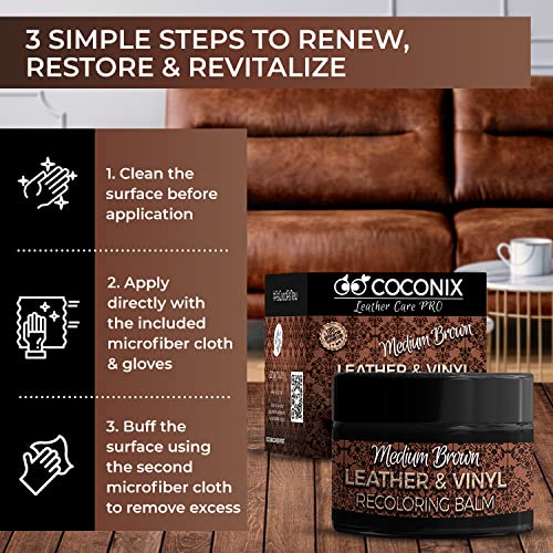 COCONIX Leather Recoloring Balm Medium Brown - Recolor, Renew, Repair & Restore Aged, Faded, Cracked, Peeling and Scuffed Leather & Vinyl Couches, Boat or Car Seats, Furniture