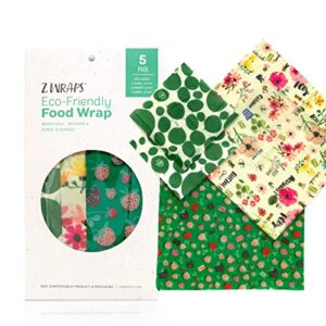 z wraps multi 5-pack, reusable beeswax food wrap and food storage saver, alternative to plastic wrap, sustainable, eco-friendly beeswax food wraps - 2 small, 2 medium, 1 large (leafy/bees/strawberry)