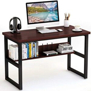okbop office writing desk for home, 47'' modern wood corner desk with storage shelf, small laptop computer desk for small space, cheap student study table notebook workstation (wine)