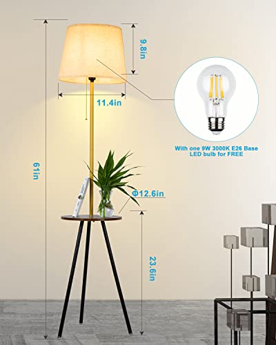 Floor Lamp with Shelves,Round Shelf Floor Lamps with E26 LED Bulb,Foot Switch Storage Wood Texture Modern Floor Lamp with Linen Shade,Display Standing Lamp for Living Room, Bedroom-Wooden