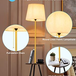 Floor Lamp with Shelves,Round Shelf Floor Lamps with E26 LED Bulb,Foot Switch Storage Wood Texture Modern Floor Lamp with Linen Shade,Display Standing Lamp for Living Room, Bedroom-Wooden