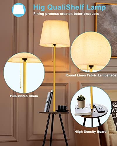 Floor Lamp with Shelves,Round Shelf Floor Lamps with E26 LED Bulb,Foot Switch Storage Wood Texture Modern Floor Lamp with Linen Shade,Display Standing Lamp for Living Room, Bedroom-Wooden