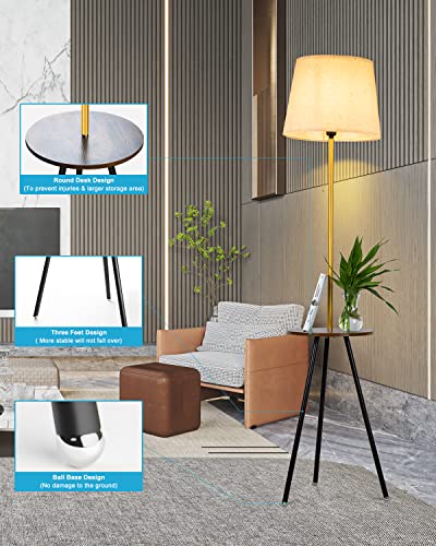 Floor Lamp with Shelves,Round Shelf Floor Lamps with E26 LED Bulb,Foot Switch Storage Wood Texture Modern Floor Lamp with Linen Shade,Display Standing Lamp for Living Room, Bedroom-Wooden