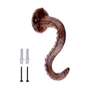 brown cast iron wall hook octopus tentacle, marine themed clothing hook with attachment hardware.