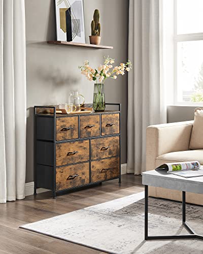 SONGMICS Dresser for Bedroom, Chest of Drawers, 7 Fabric Drawers with Handles, Rustic Brown and Black ULTS137B01