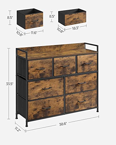 SONGMICS Dresser for Bedroom, Chest of Drawers, 7 Fabric Drawers with Handles, Rustic Brown and Black ULTS137B01