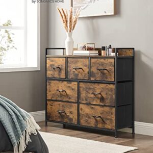 SONGMICS Dresser for Bedroom, Chest of Drawers, 7 Fabric Drawers with Handles, Rustic Brown and Black ULTS137B01