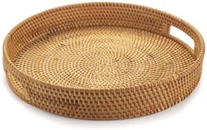 rattan round serving tray, hand woven serving basket with cut - out handles, wicker fruit/bread serving basket, 14.2 inch