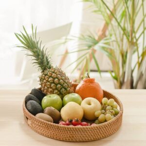 Rattan Round Serving Tray, Hand Woven Serving Basket with Cut - Out Handles, Wicker Fruit/Bread Serving Basket, 14.2 inch