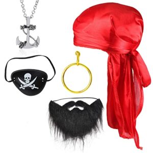 Beelittle Captain Pirate Costume Accessory Set Durag Long-Tail Headwraps Silky Cap Pirate Eye Patch Halloween Pirate Accessories Kit for Halloween Pirate Party Dress Up (Red)