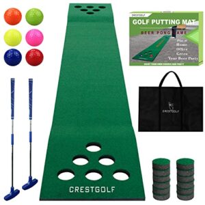golf pong mat game set green mat,golf putting mat with 2 putters, 6 golf balls,12 golf hole covers for indoor&outdoor short game office party backyard use