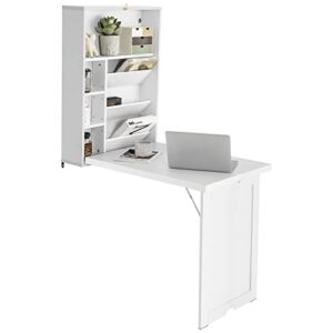 ldaily moccha foldable wall mounted table w/classified storage space, multiple-purpose desk, sturdy wood structure, floating convertible desk/cabinet, ideal for home, apartment, narrow place (white)