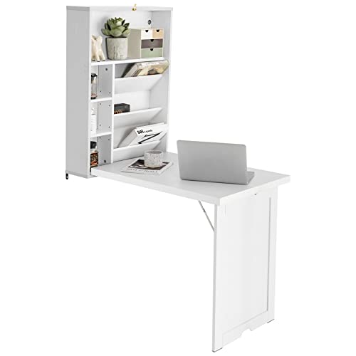 LDAILY Moccha Foldable Wall Mounted Table w/Classified Storage Space, Multiple-Purpose Desk, Sturdy Wood Structure, Floating Convertible Desk/Cabinet, Ideal for Home, Apartment, Narrow Place (White)